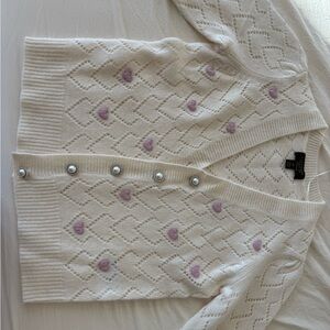 CHARTER CLUB Ivory Crochet Hearts Cashmere V-Neck Pointelle Cardigan